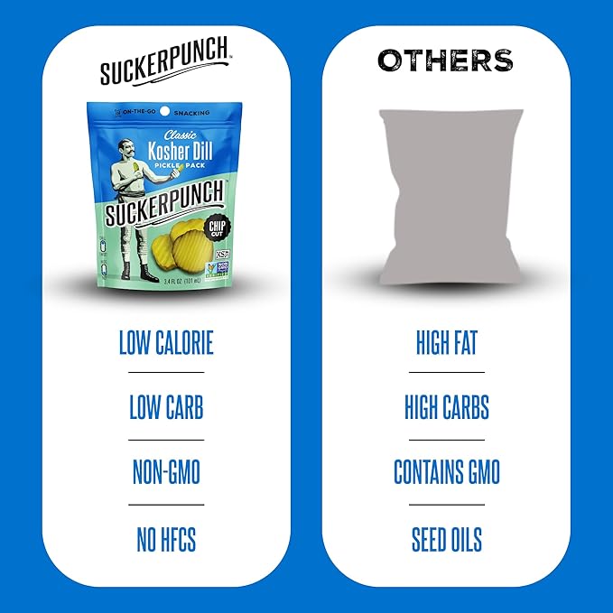 SuckerPunch Classic Dill Pickle Chips, Snack Pack, Gluten Free, Kosher, Sugar Free, Low Calorie