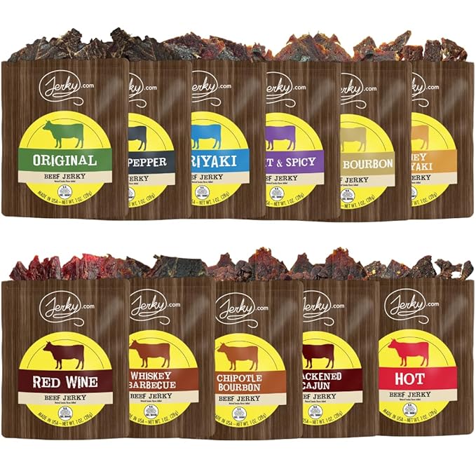 Jerky.com Beef Jerky Sampler - Featuring Original, Black Pepper, Teriyaki, Sweet & Spicy, Hot