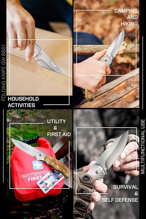 Grand Way Pocket Knife for Men with Wood Handle, Liner lock - Folding Sharp Blade 3.54" - Cool
