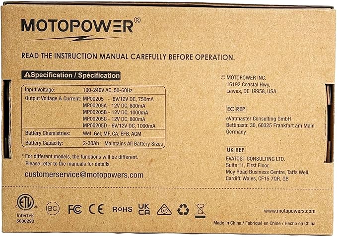 MOTOPOWER MP00205B 12V 1000mA Automatic Battery Charger, Battery Maintainer, Trickle Charger, and Battery Desulfator with Timer Protection - Black Edition