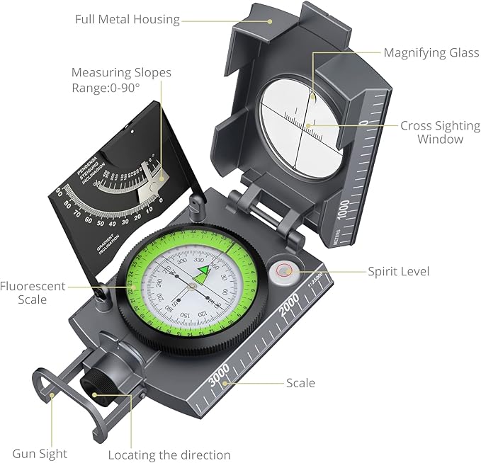 Compass Hiking Survival, IP65 Waterproof Metal Compass with Sighting Clinometer and Carry Bag