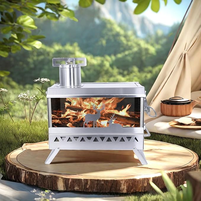 Outdoor Camping Tent Stove Portable Stainless Steel with Chimney Barbecue Net for Outdoor Cooking