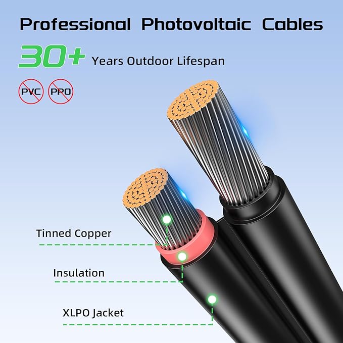 Bateria Power 10 Feet 8AWG Solar Panel Extension Cable, 10mm² Twin Wire Conductor Parallel Solar