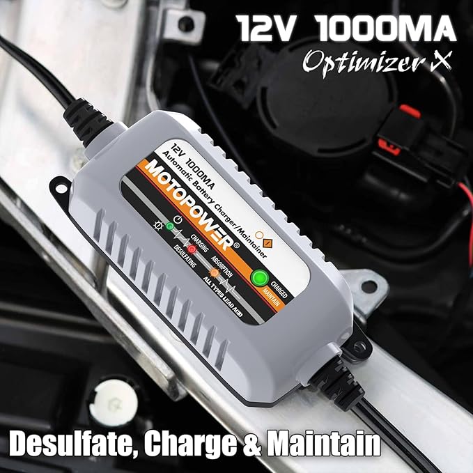 MOTOPOWER MP00205B 12V 1000mA Automatic Battery Charger, Battery Maintainer, Trickle Charger, and