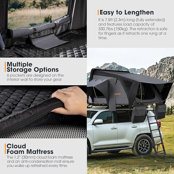 Sanhima Rooftop Tent Hard Shell - Jervis Overland Aluminium ABS Roof Top Tent w/Stargaze Window &