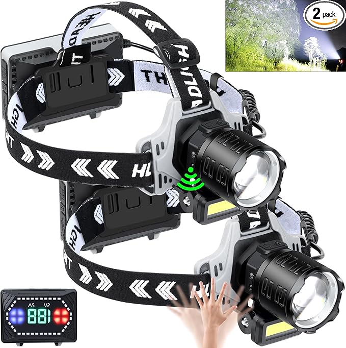 LED Headlamp Rechargeable 1000 Lumens Super Bright with 10 Modes & Motion Sensor, 2 Pack Head Lamp