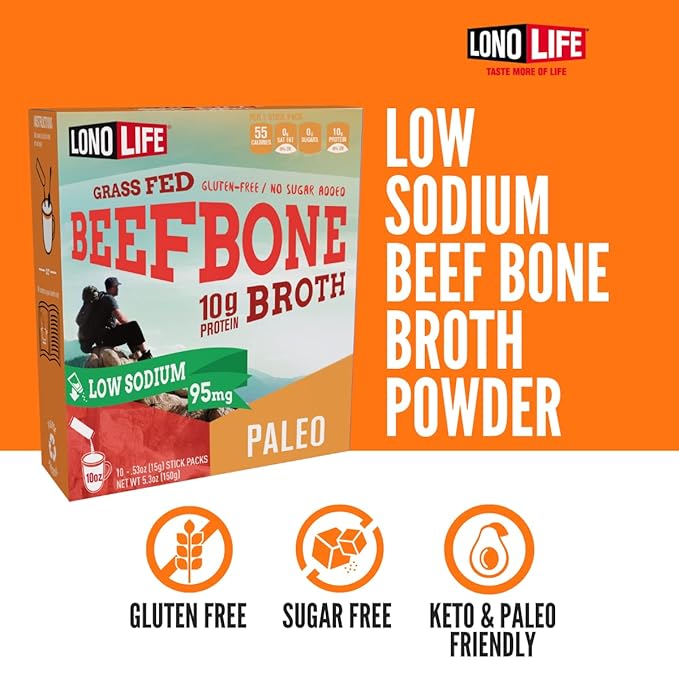 LonoLife Low Sodium Beef Bone Broth Powder Mix | Grass-Fed, 10g Protein | Collagen-Rich, Keto &