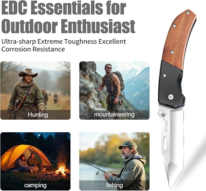 Vickay Pocket Knife, Folding Knife with Clip - 3.54??Tanto Blade, Wood Handle EDC Knife for Men &