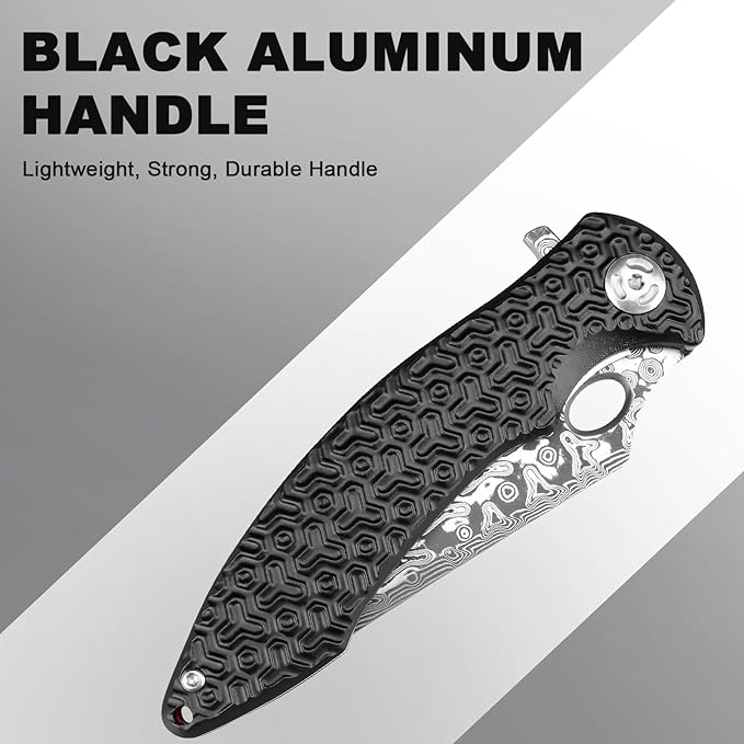Pocket Knife for EDC Damascus Pocket Knife with Black Aluminum Handle 3.3" Damascus Blade Pocket