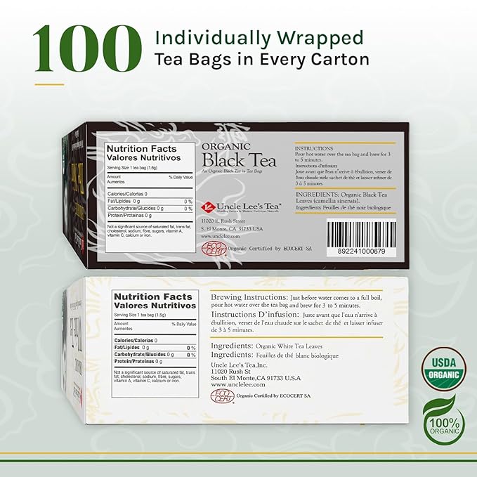 Uncle Lee's Organic White & Black Tea Variety 2-Pack – Premium Organic Tea, Smooth & Bold