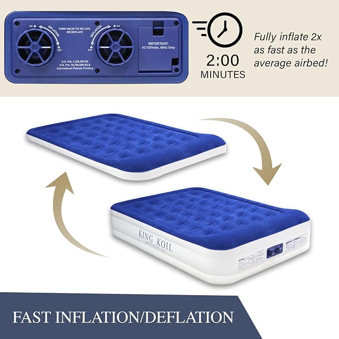 King Koil Luxury Queen Air Mattress with Built-in Pillow & Ultra-Fast Built-in High-Speed Pump