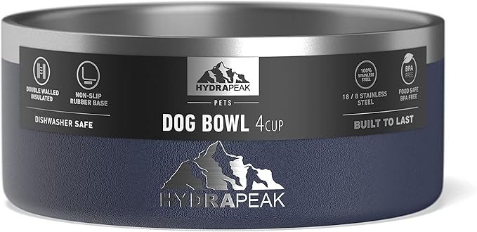 Hydrapeak Dog Bowl; Non Slip Stainless Steel; Water and Food Dish; Large Sized and Small Dogs; 32oz