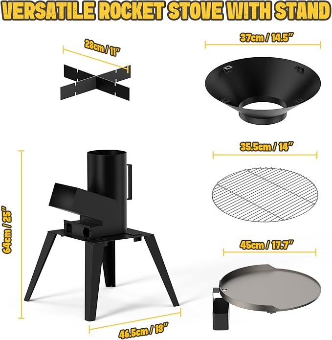 3-in-1 Camp Rocket Stove Kit with BBQ Grate, Griddle, Pot Rack, Portable Wood Burning Stove with