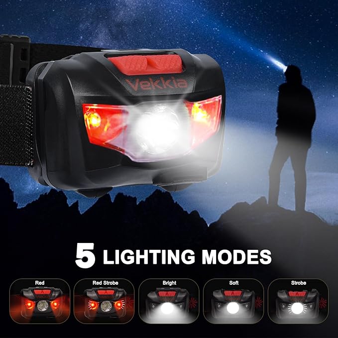 Vekkia LED Headlamp Rechargeable - 5 Lighting Modes,White & Red LEDs Head Lamp, Camping Accessories
