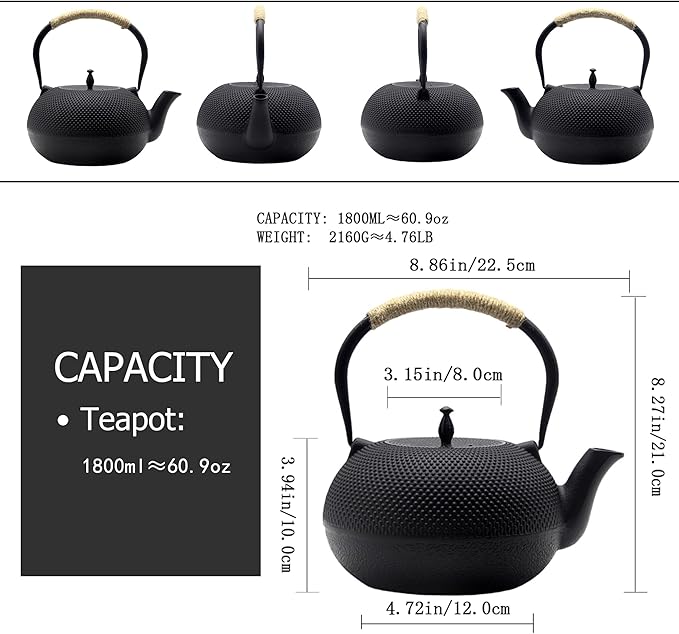 Big Cast Iron Teapot, Japanese Tetsubin Tea Kettle for Stovetop Safe, Cast Iron Tea Pot with