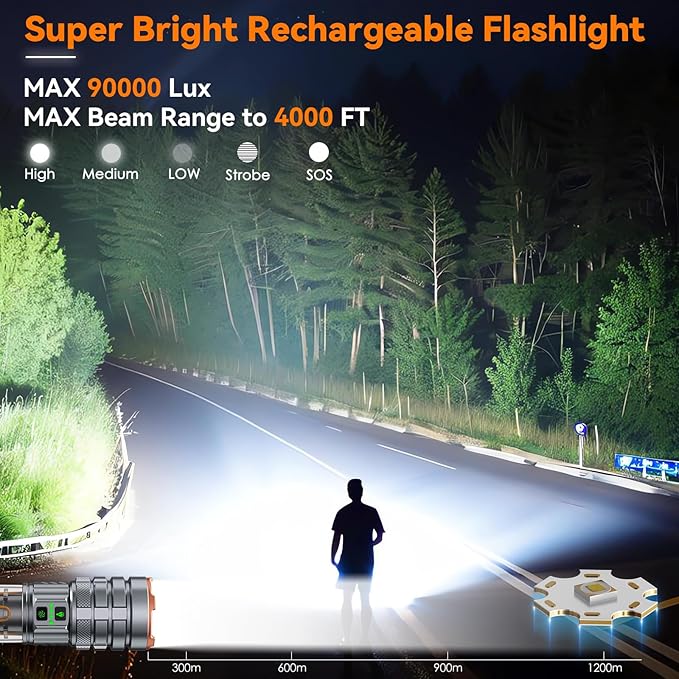 Camping Flashlights,90000 Lumens 5000mAh Super Bright High Lumens Rechargeable Flashlight with 11