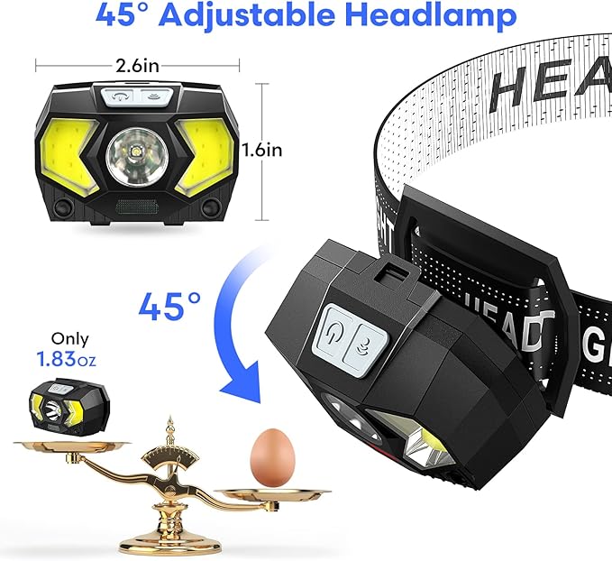 LED Headlamp Battery Powered, Headlight COB 2pcs 1500 Lumens, AAA Batteries Included, 7 Light Modes