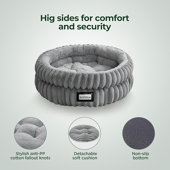 BALANCE Cat Bed Kitten Bed, Washable Round Cat Beds for Indoor Cats, Super Soft Plush Faux Fur Pet