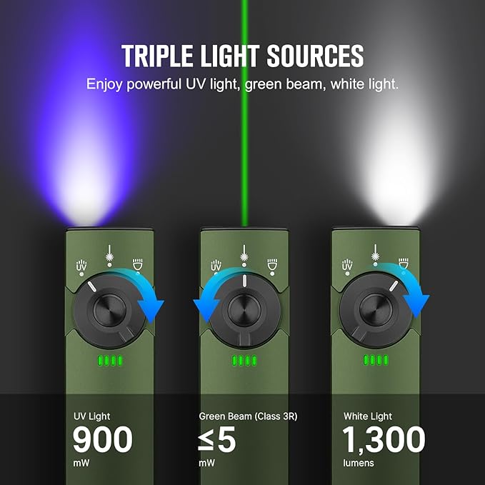 OLIGHT Arkfeld Pro Rechargeable EDC Flat Flashlight with Green Beam, UV and White LED Combo, 1300
