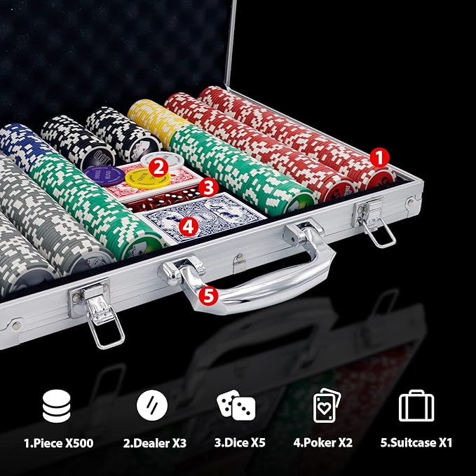 Boyzhood Poker Chips with Numbers,500PCS Poker Chip Set with Aluminum Travel Case,11.5 Gram Poker