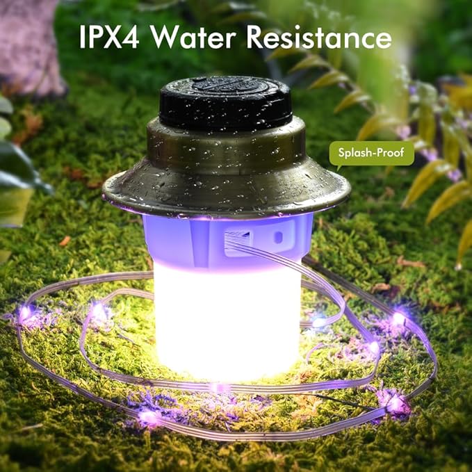 Rechargeable LED Camping Lights & Lantern, Waterproof Lamp with 5 Modes RGB String Lights