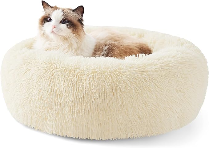 Bedsure Calming Cat Beds for Indoor Cats - Small Cat Bed Washable 20 inches, Anti-Slip Round Fluffy