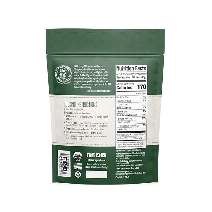 1000 Springs Mill - Organic Pinto Beans | Used for Soups, Stews, Dips, Chili, Burritos, Refried