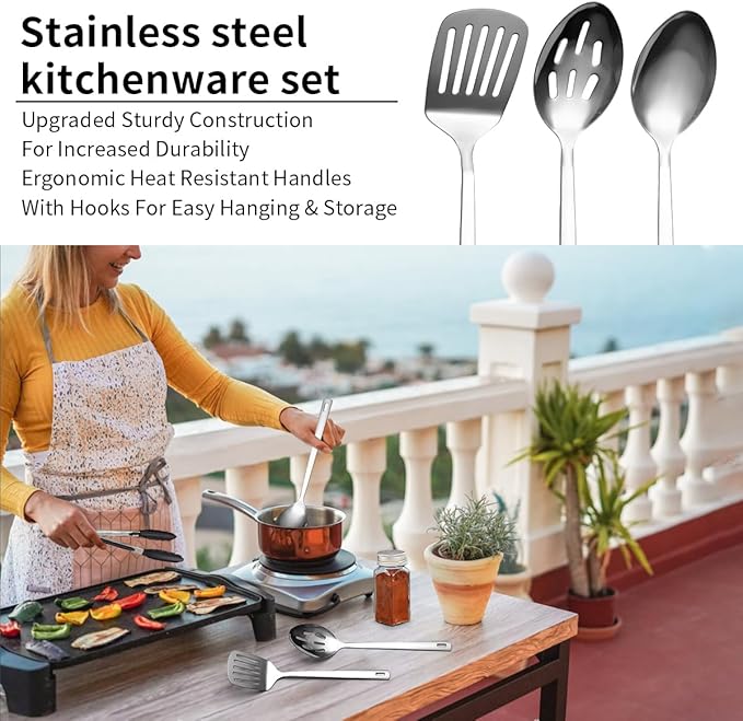 Evanda Camping Kitchen Cooking Utensil Set 10 Piece, Stainless Steel Outdoor Cooking and Grilling