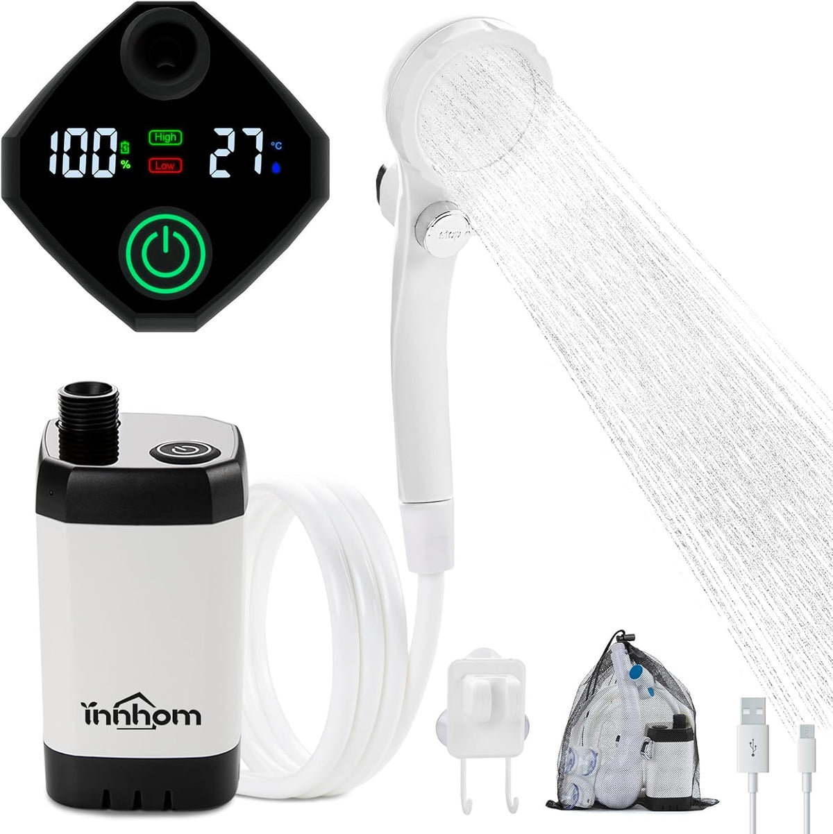 innhom Portable Camping Shower, 6000mAh Rechargeable Camp Shower Pump with LED Display, IPX7