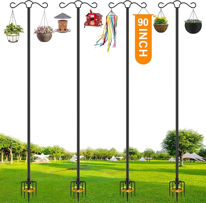 SINLEY 4 Pack 90 inch Double Shepherds Hook for Outdoor with 5 Prong Base Heavy Duty Two Sided Bird
