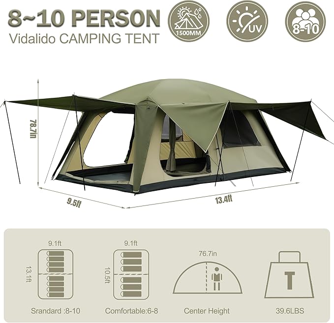 Vidalido 8-10 Person Camping Tent with 3 Door 2 Room Large Family Cabin Tents, Double Layer