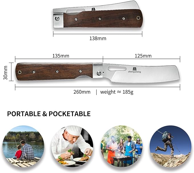 Folding Chef Knife with Nylon Pouch 4.8" Sharp 440A Stainless Steel Blade Wooden Handle Pocket