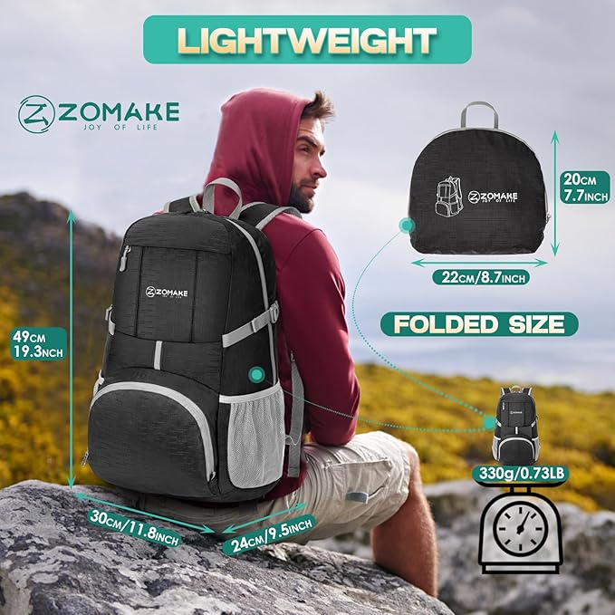 ZOMAKE Lightweight Packable Backpack 35L, Light Foldable Backpacks Water Resistant Collapsible