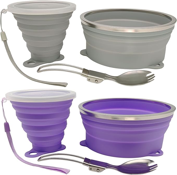 Mess Kit for Camping Silicone Collapsible Bowl Collapsible Cup and Stainless Steel Spoon for