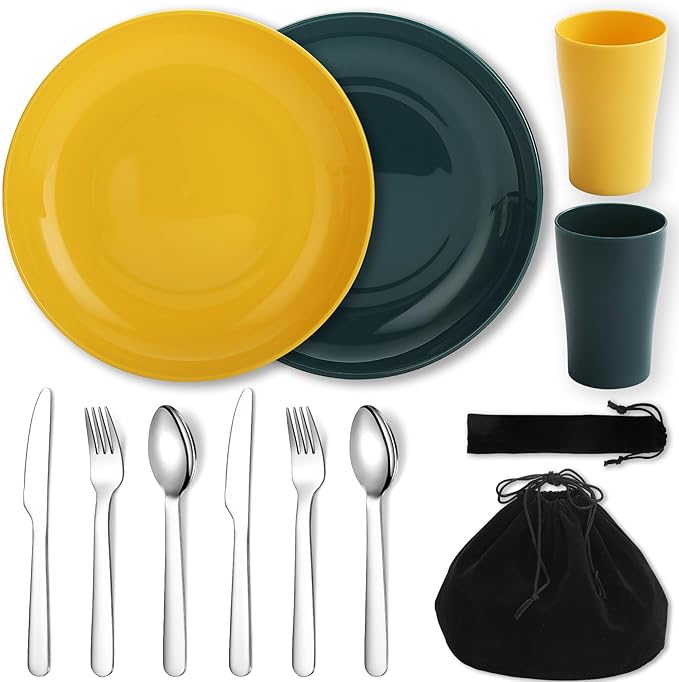 Evanda Camping Cutlery Set, Reusable Light Weight Mug, Plate and Stainless Steel Cutlery Set with