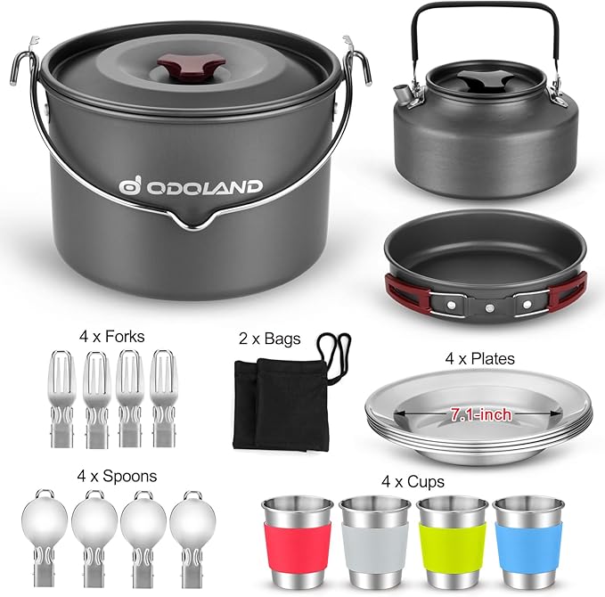 Odoland 22pcs Camping Cookware Mess Kit, Large Size Hanging Pot Pan Kettle with Base Cook Set for