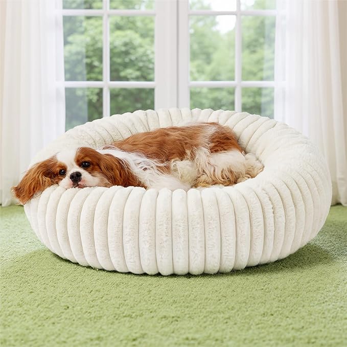 Bedsure Donut Medium Dog Bed - Washable Faux Fur with Corduroy Fleece & Anti Slip Bottom, Round Pet