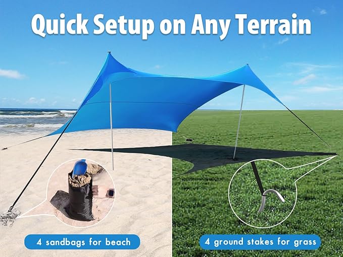 10×10ft UPF50+ Beach Tent Sun Shelter, Windproof Stable Outdoor Pop Up Beach Shade Canopy for