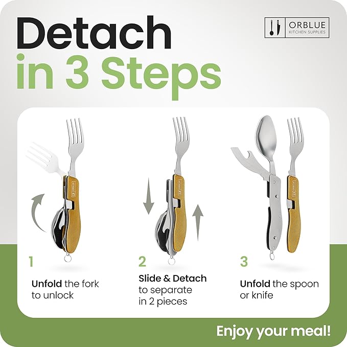 Orblue 4-in-1 Camping Eating Utensils, 2-Pack - Portable Spoon, Fork, Knife & Bottle Opener Combo