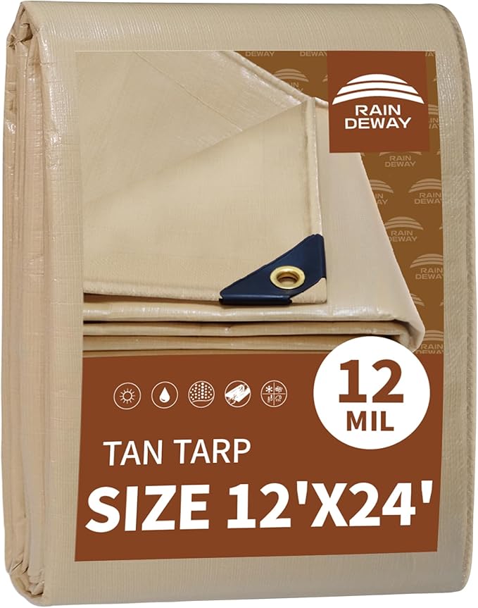 RAINDEWAY 12x24 Feet Heavy Duty Tarp,12 Mil Tan Waterproof Poly Tarp Cover,UV