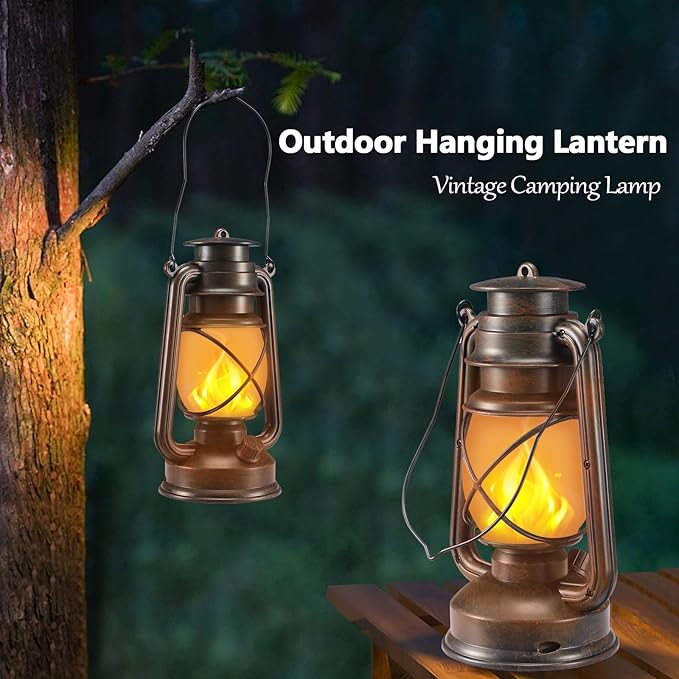 Outdoor Lanterns Waterproof Hanging Vintage LED Camping Lamps with Dancing Flame Non-Solar Remote