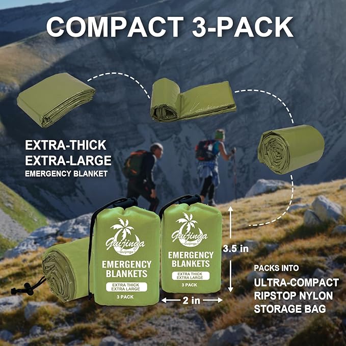 3-Pack Emergency Blanket, Extra-Thick Extra-Large Survival Blanket, Thermal Reflective Emergency