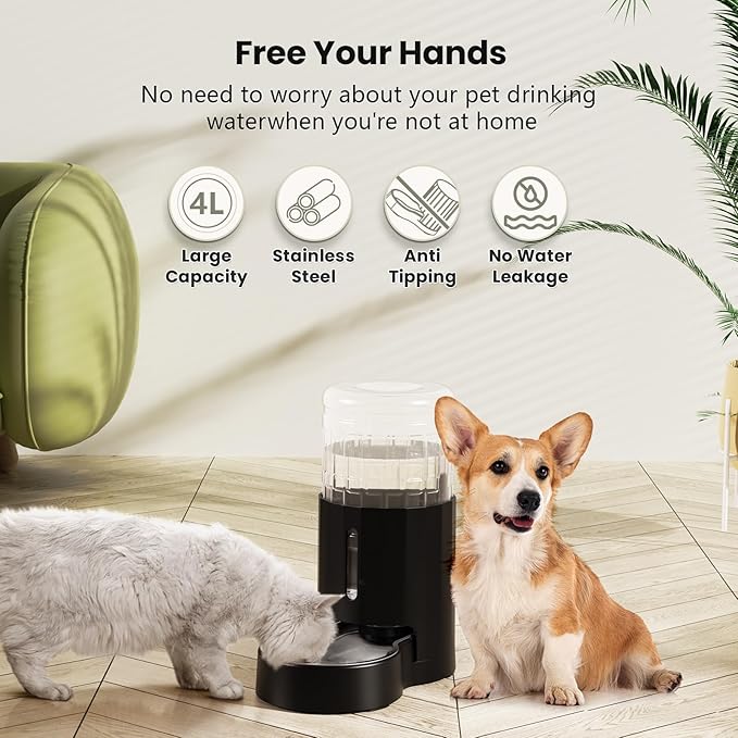 CZPET Automatic 4L/1Gal/135Oz Cat Water Dispenser with Stainless Steel Bowl, Gravity Waterer for