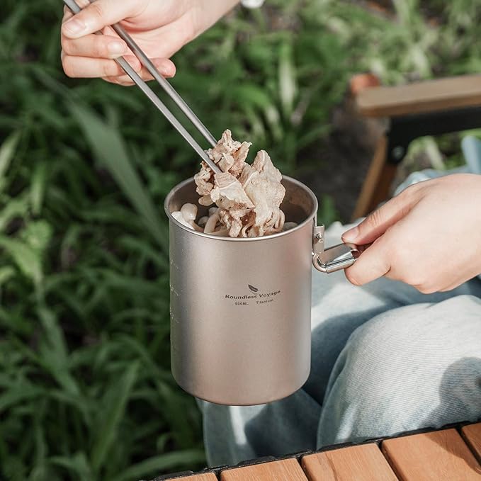 iBasingo 900ml Titanium Camping Cup with Lid Lightweight Portable Camping Pot for Backpacking