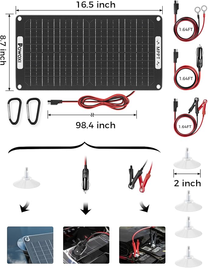 POWOXI 15W Solar Battery Charger: 12V Solar Car Battery Trickle Maintainer - with MPPT Controller