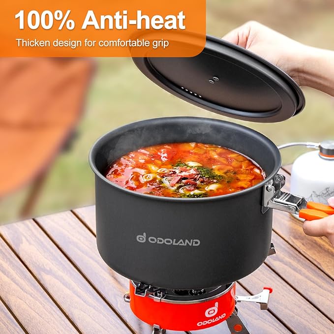 Odoland Camping Cookware Mess Kit, Non-Stick Lightweight Camping Pot and Fry Pan Set with Mesh Bag