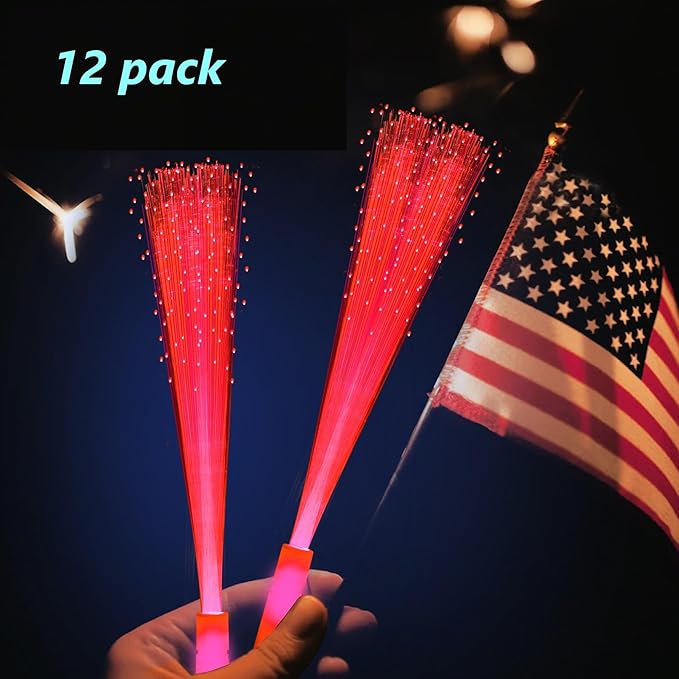 12 Pack Red Glow Fiber Optic Wands Bulk Light Up Wand Glow Sticks with 3 Lighting Modes for