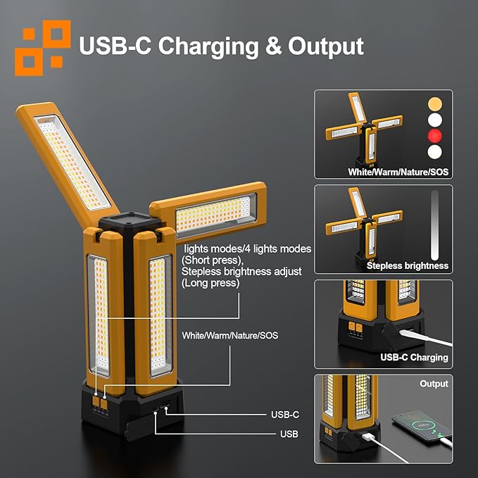 13200mAh Rechargeable Solar Work Light, IPX4 Waterproof with Folding Stand Support and Portable