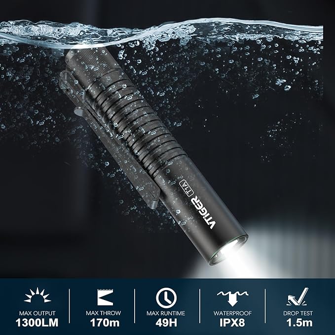VTIGER T1A Mini Pocket EDC Flashlight with Clip,1300 Lumen Compact AA Rechargeable LED Little