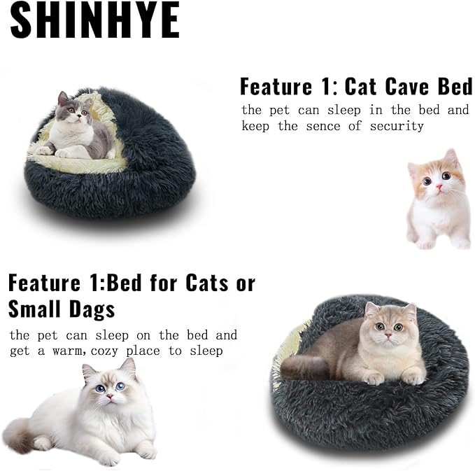 ShinHye Cat Bed Round Plush Fluffy Hooded Cat Bed Cave, Cozy for Indoor Cats or Small Dog beds